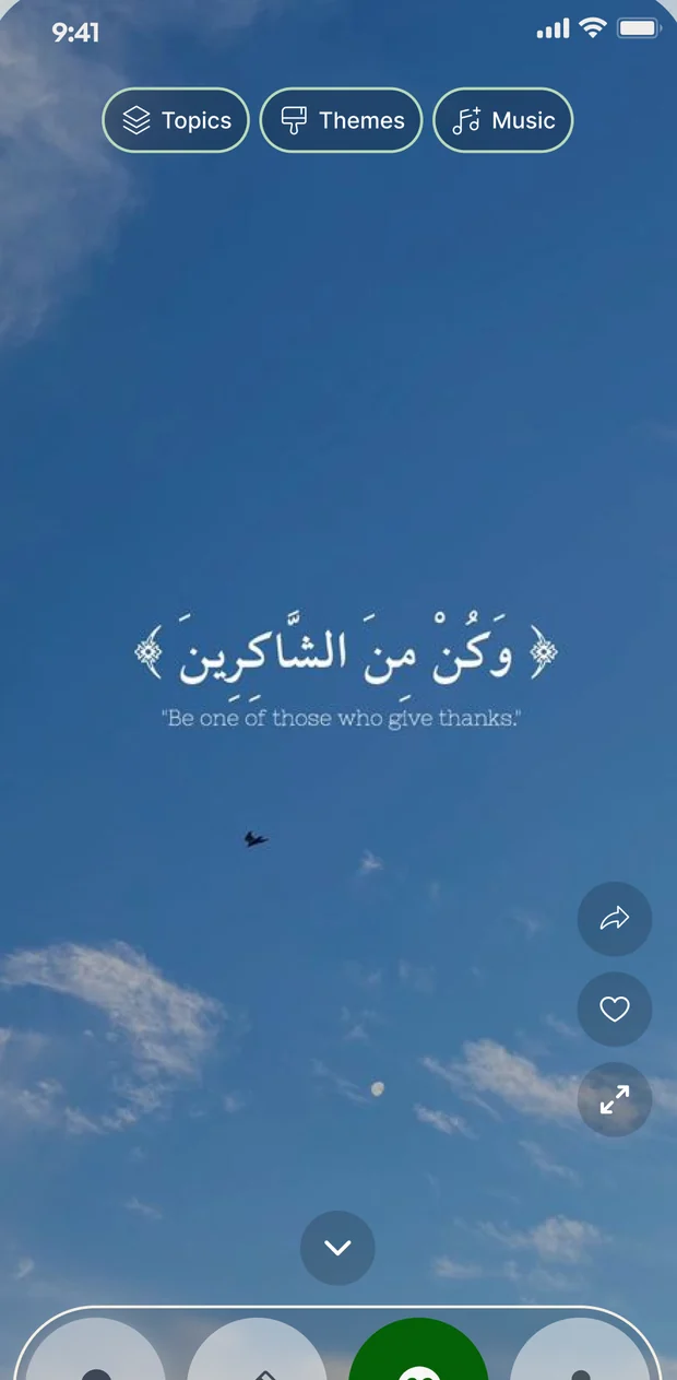 A full-screen ayah in Noor, shown in Arabic with its English meaning below, and Topics, Themes and Music controls at the top