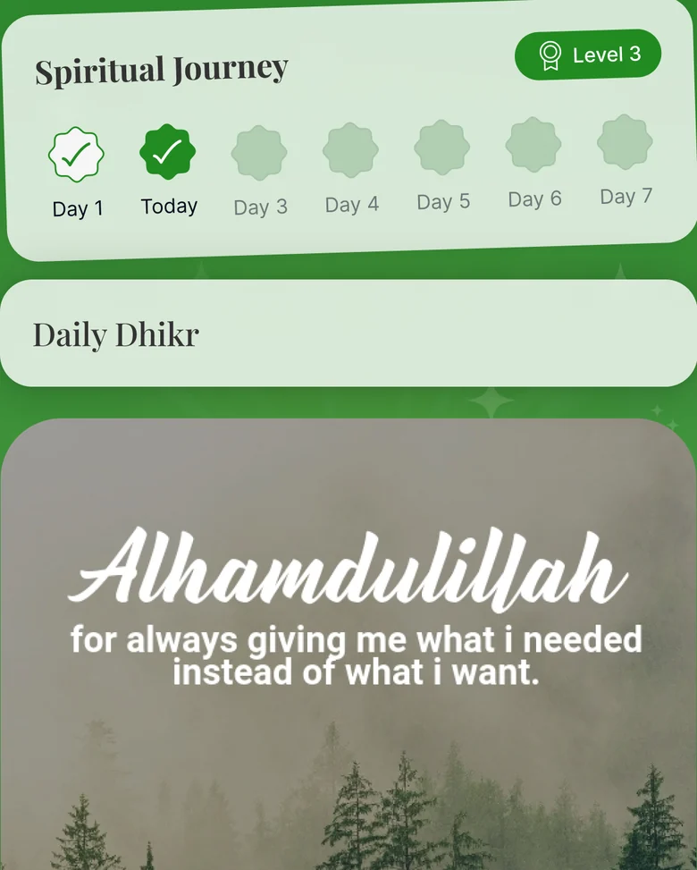 Noor's Spiritual Journey row with a level badge and the day's Daily Dhikr